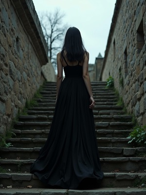Woman in a black dress walking up stone stairs